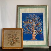 A 19th century tapestry work of a bouquet of flowers, glazed and in a maple frame along with a large