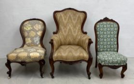 A collection of three carved mahogany Victorian chairs, one with damage as seen. H.108cm Largest.