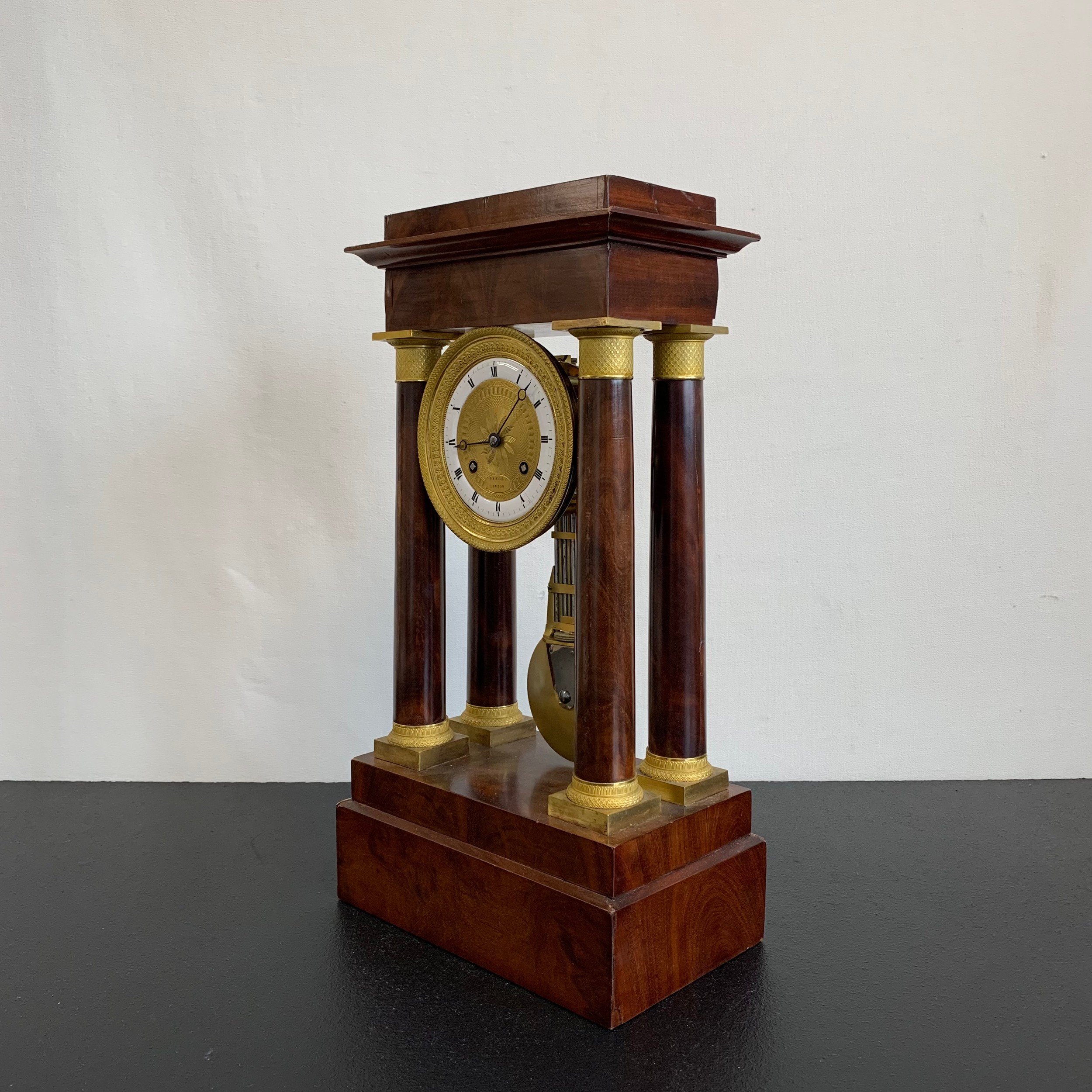 A 20th century gilt metal mounted French Empire style mahogany portico clock having a moulded - Image 5 of 7