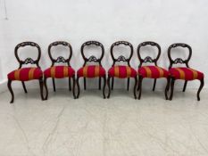 A set of six 19th century carved mahogany balloon back dining chairs in stuffover striped upholstery
