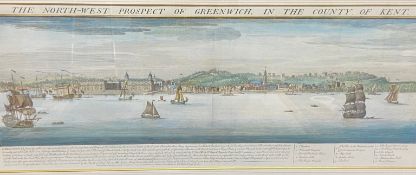 A large 18th century hand coloured engraving, The North-West Prospect of Greenwich in the County