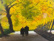 A framed and glazed pastel; a couple on a path, label to reverse. 56x46cm.
