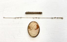 A 9ct pin brooch (tests as 9ct), cameo (can be worn as brooch or pendant) and a gold and pearl
