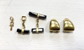 A mixed lot 14ct gold (tests 14ct or higher) cufflinks for repair, clip-on earrings and an