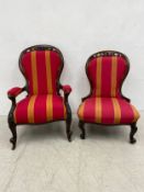 A Victorian carved mahogany armchair and the matching nursing chair in striped upholstery on