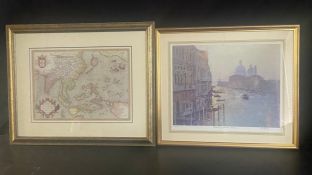 A framed and glazed map of the Far East and a signed limited edition etching, Morning Sunlight