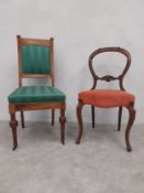 A late 19th century Continental walnut salon chair and a Victorian mahogany balloon back dining
