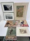 An unframed 19th century print of the boxer James Ward, a Punch cartoon, a set of framed and