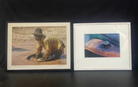 Two large framed photographic prints, Indonesian diamond miner, signed and a vintage car grille. H.