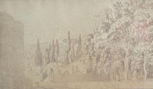 A C.1900 pencil drawing; Italian villa and gardens, framed and glazed. H.40 x 59cm