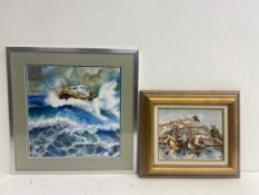 An acrylic on board, ship in a storm signed D Jackson and Continental impasto oil on canvas, boats