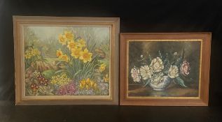 Two oils on canvas, mid century still life flower studies. Largest H.62 x 72cm.