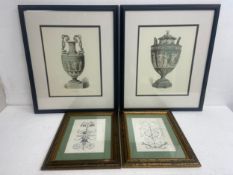 A pair of Georgian style classical design prints and a smaller similar pair, framed and glazed.