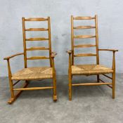 An early to mid 20th century Arts & Crafts, Cotswold School style ladderback rocking chair with rush