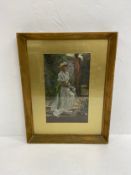 A C.1900 oil on paper study of a young lady seated in a formal garden, framed and glazed. 43 x