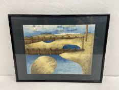 A contemporary watercolour depicting moored sailing boats on an abstract shoreline, signed with