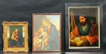 A mixed lot to include a small 19th century oil on board depicting the Madonna and Child along