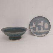 A signed 1980s Amberley Pottery centrepiece bowl on circular splayed foot by Caroline Seaton along