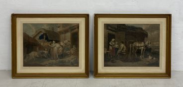 A pair of possibly 19th century Genre style plate coloured mezzotint engravings after the