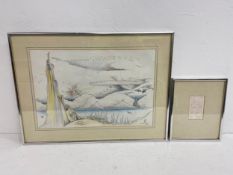 A contemporary coloured pencil drawing depicting a fantastical landscape along with a small abstract