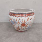 A large early 20th century hand painted Chinese Imari fish bowl jardiniere with figural goldfish