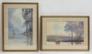 Two contemporary prints depicting boats in misty river landscapes, both signed Spencer to the bottom