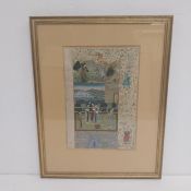 A 19th century hand painted Persian miniature with figural court scenes depicting dancers and