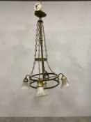 An early 20th century gilt metal and brass ceiling chandelier fitted with five ribbed and flared