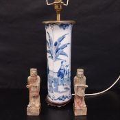 A 19th century Chinese blue and white porcelain sleeve vase lamp of cylindrical form hand painted