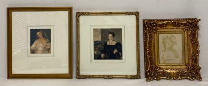 Three portrait prints in glazed frames. H.34 W.31cm Largest