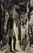 A contemporary ink and wash on paper depicting a figure surrounded by banana trees, signed to the