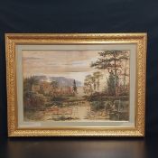 A large and impressive 19th century watercolour depicting a figure on a lake with a large country