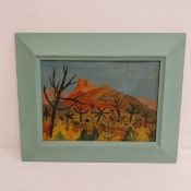 A mid-century oil on board depicting a stylised desert landscape titled 'Majorca' 1952, indistinctly