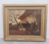 After George Morland (1763-1804), a 19th century oil on canvas titled 'Cowherd and Milkmaid' in a