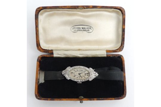 A platinum, Art Deco diamond set cocktail watch, gross weight 12.6 grams, 36.6 mm x 17.3 mm. - Image 7 of 7