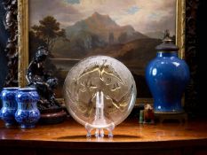 VERLYS: AN ART DECO PERIOD FROSTED GLASS DISH DECORATED WITH GEESE AND CARP