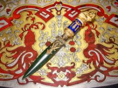 A FABERGE STYLE SILVER GILT, DIAMOND SET, NEPHRITE AND ENAMELLED LETTER KNIFE