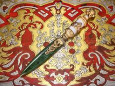 A FABERGE STYLE SILVER GILT, DIAMOND SET, NEPHRITE AND ENAMELLED LETTER KNIFE