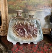 A 1960'S TROIKA STYLE RELIEF DECORATED DOUBLE VASE