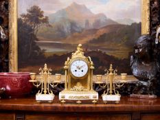 A FINE 19TH CENTURY FRENCH GILT BRONZE AND MARBLE CLOCK GARNITURE