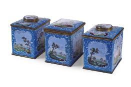 AN IMPORTANT AND RARE SET OF 18TH CENTURY ENGLISH ENAMEL TEA CADDIES C. 1760