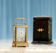 A FINE LATE 19TH CENTURY MINIATURE ENAMEL MOUNTED CARRIAGE CLOCK WITH DISPLAY BOX