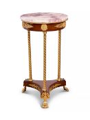 AN EARLY 20TH CENTURY FRENCH MAHOGANY, ORMOLU AND MARBLE TOPPED GUERIDON