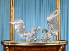 A LARGE PAIR OF ITALIAN SILVER MODELS OF FIGHTING COCKS