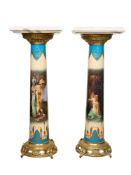 A PAIR OF MARBLE TOPPED AND ORMOLU MOUNTED PEDESTAL COLUMNS
