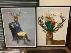 A pair of large fab funky deer prints 83 x 63 cm. (2)