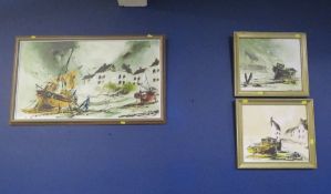Three modern oil on boards of naive fishing scenes, signed Hawkes