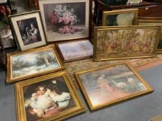 A large quantity of assorted pictures and prints to include oil and canvases, a tapestry, etc