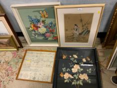 A framed sampler dated 1825 together with a floral tapestry, floral silk work and an eastern silk