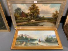 A framed oil on board depicting a village scene with cattle together with an Alpine Lake scene. (2)